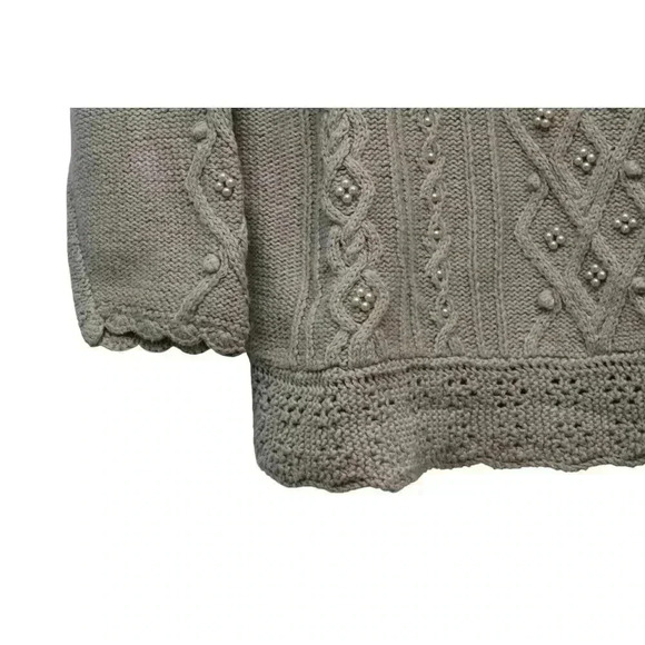 Vintage 90s Cable Knit Sweater Size Large Green Ramie Cotton Beaded Hand Knit - Picture 4 of 13